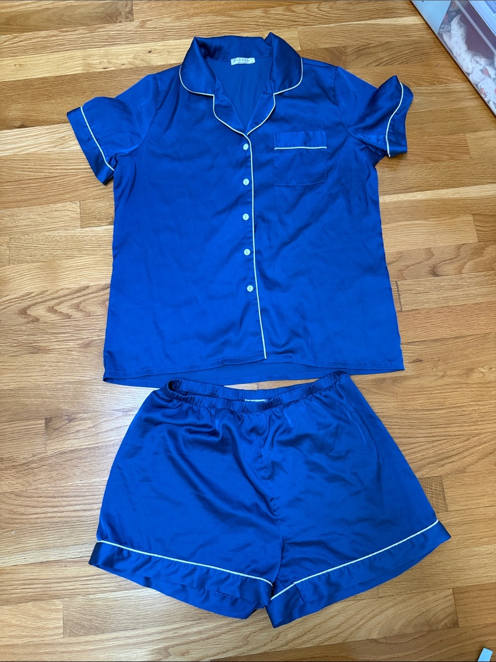 Women's Blue Satin Short Sleeve Pajama Set with Contrast Piping